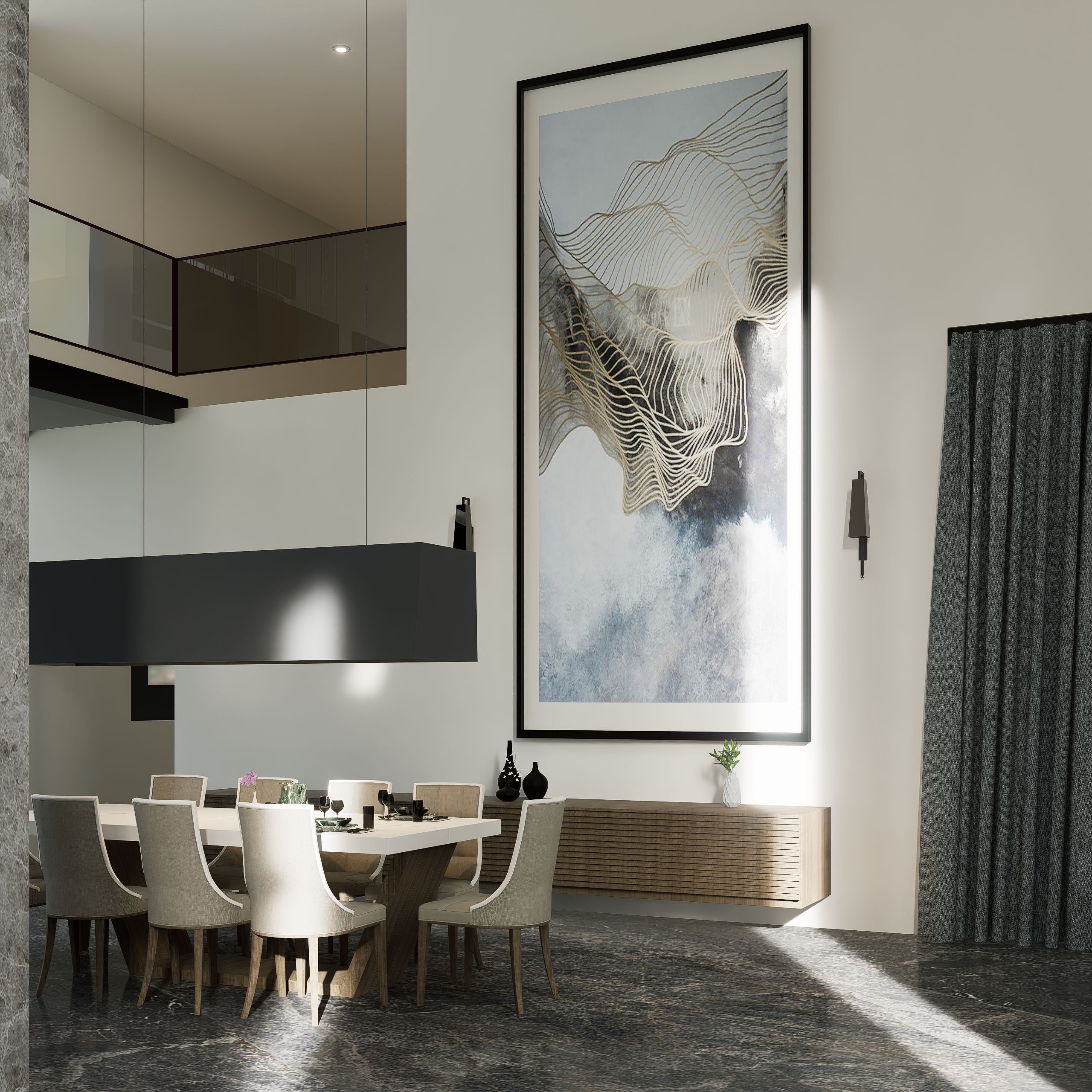 Spacious modern dining room with minimal decor and abstract artwork, bathed in soft daylight.